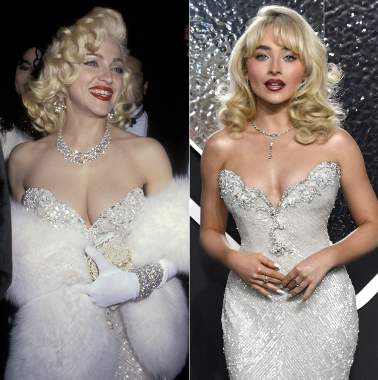 Madonna in 1991 and Sabrina Carpenter in 2024 at the VMAs both in Bob Mackie dresses
